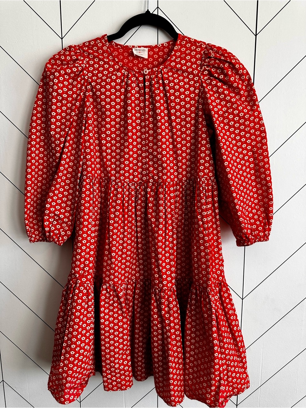 Little Girl Crewcuts Red Daisy Puff-Sleeve Tiered Dress